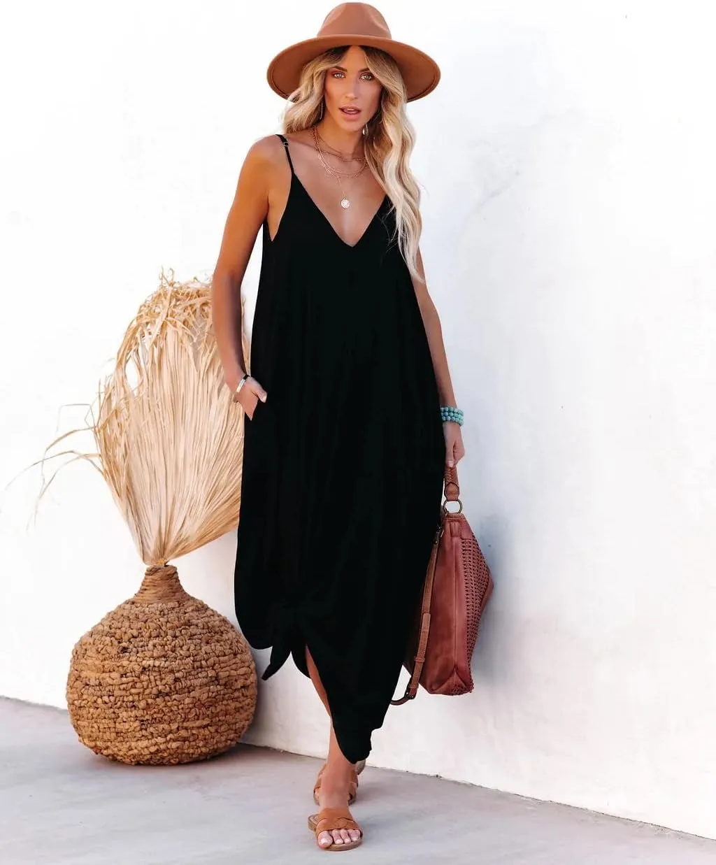 Poetsky Womens Casual Strappy V Neck Sleeveless Flowy Pockets Loose Long Maxi Beach Dress Sundress