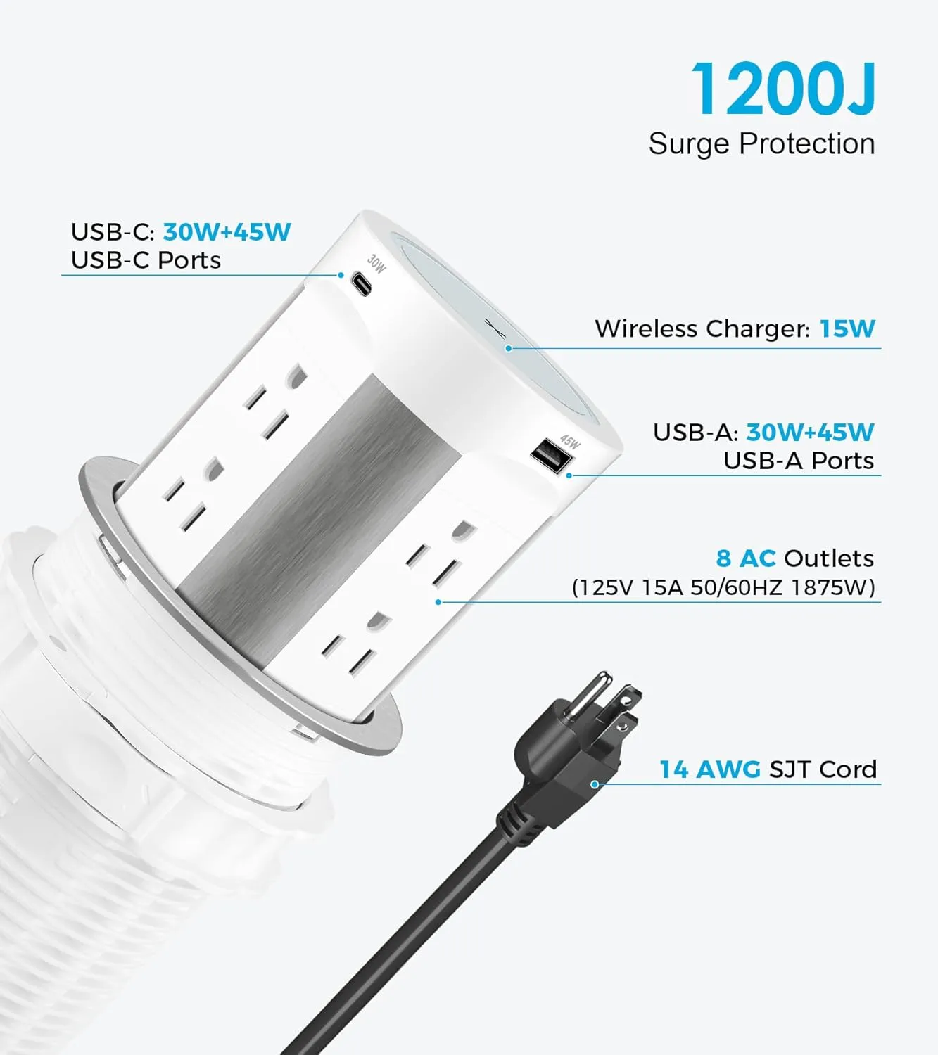 Pop Up Outlet for Countertop, 15W Wireless Charger PD 45W, 2 USB-A & 2 USB-C & 8AC Outlets 15A Tamper Resistant, 4-inch Island Kitchen Pop Out