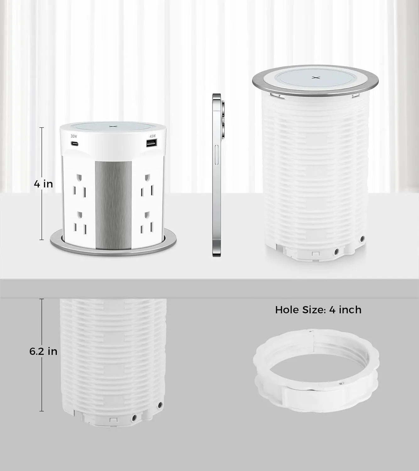 Pop Up Outlet for Countertop, 15W Wireless Charger PD 45W, 2 USB-A & 2 USB-C & 8AC Outlets 15A Tamper Resistant, 4-inch Island Kitchen Pop Out