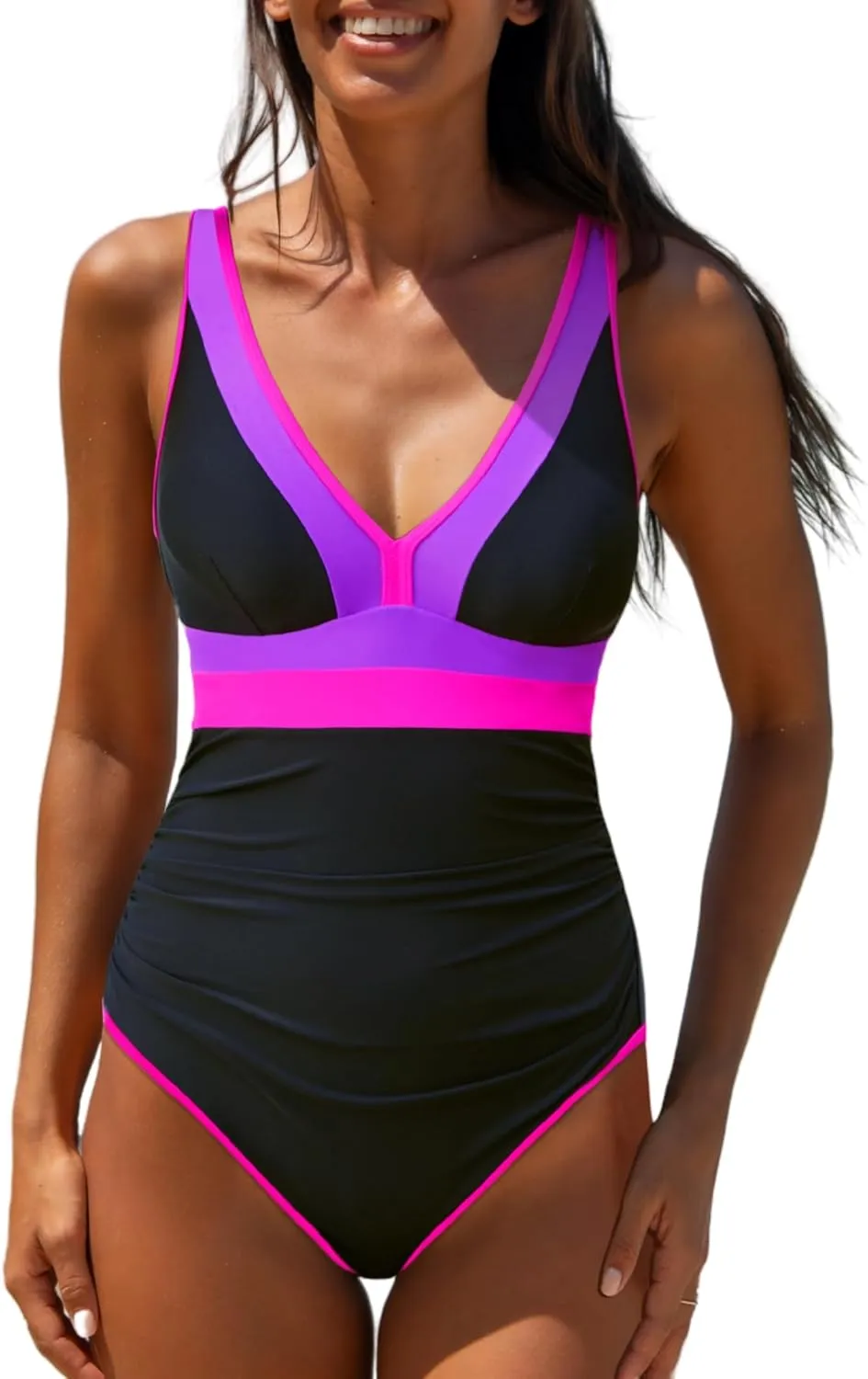 popvil One Piece Swimsuit Women 2025 Tummy Control Neon Color Block Bathing Suit Deep Vneck Tie Back Swim Suits Beach