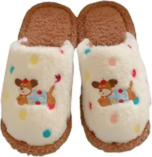 Premium Comfort Colorful Dot Cute Dog Thermal Non Slip Women's Fuzzy House Slippers Indoor Soft Warm Kawaii Home Shoes