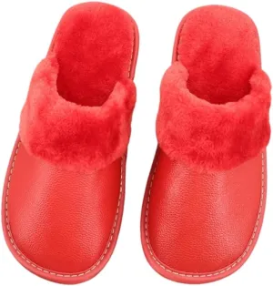 Premium Comfort Thermal Cowhide Leather Non Slip Women's Fuzzy House Slippers Indoor Soft Warm Shoes Furry Insole