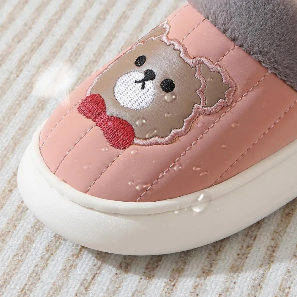 Premium Comfort Thermal Leather Bear Bow Cartoon Non Slip Women's Fuzzy House Slippers Indoor Soft Warm Furry Shoes