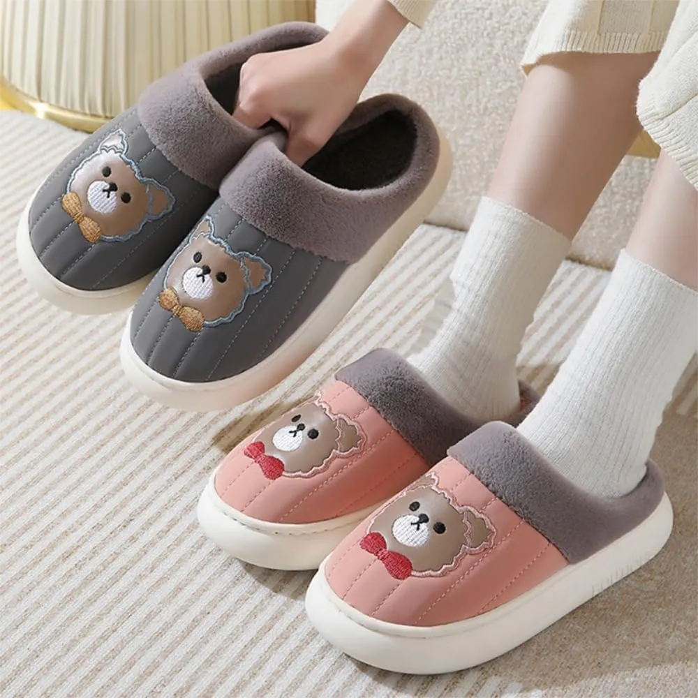 Premium Comfort Thermal Leather Bear Bow Cartoon Non Slip Women's Fuzzy House Slippers Indoor Soft Warm Furry Shoes