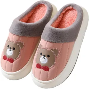 Premium Comfort Thermal Leather Bear Bow Cartoon Non Slip Women's Fuzzy House Slippers Indoor Soft Warm Furry Shoes