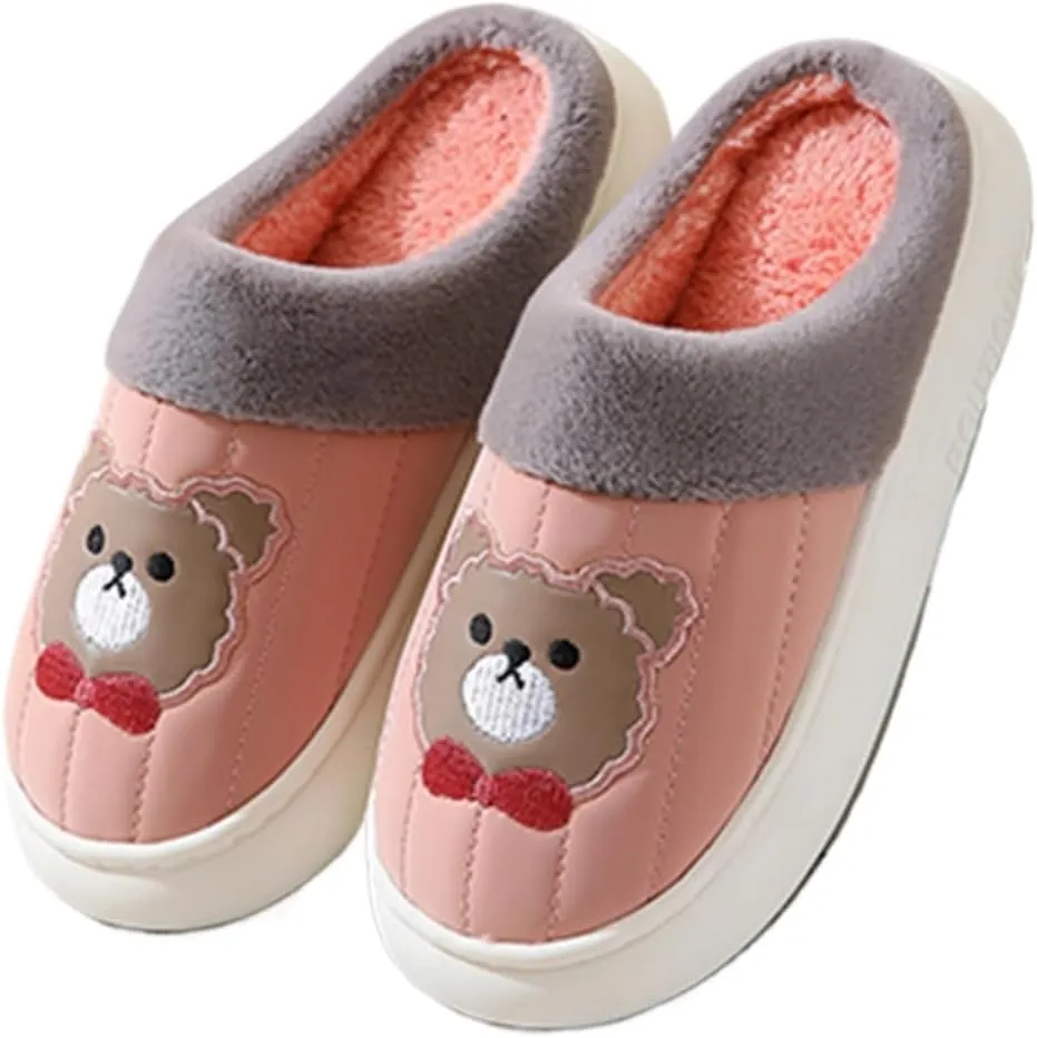 Premium Comfort Thermal Leather Bear Bow Cartoon Non Slip Women's Fuzzy House Slippers Indoor Soft Warm Furry Shoes