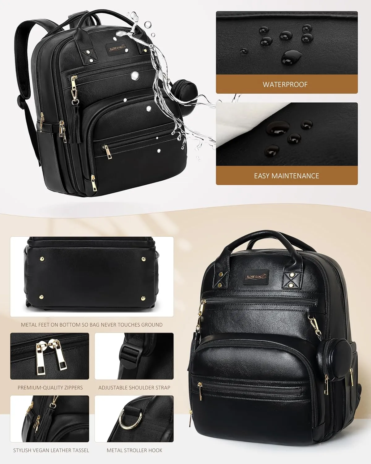 Premium Vegan Leather Diaper Bag Backpack with Waterproof Changing Pad, Reinforced Zippers & Odor-Free, 20 Pockets Pro Organizer, Fits 15.6" Laptop, Stroller Straps, Baby Bag for Mom, Black