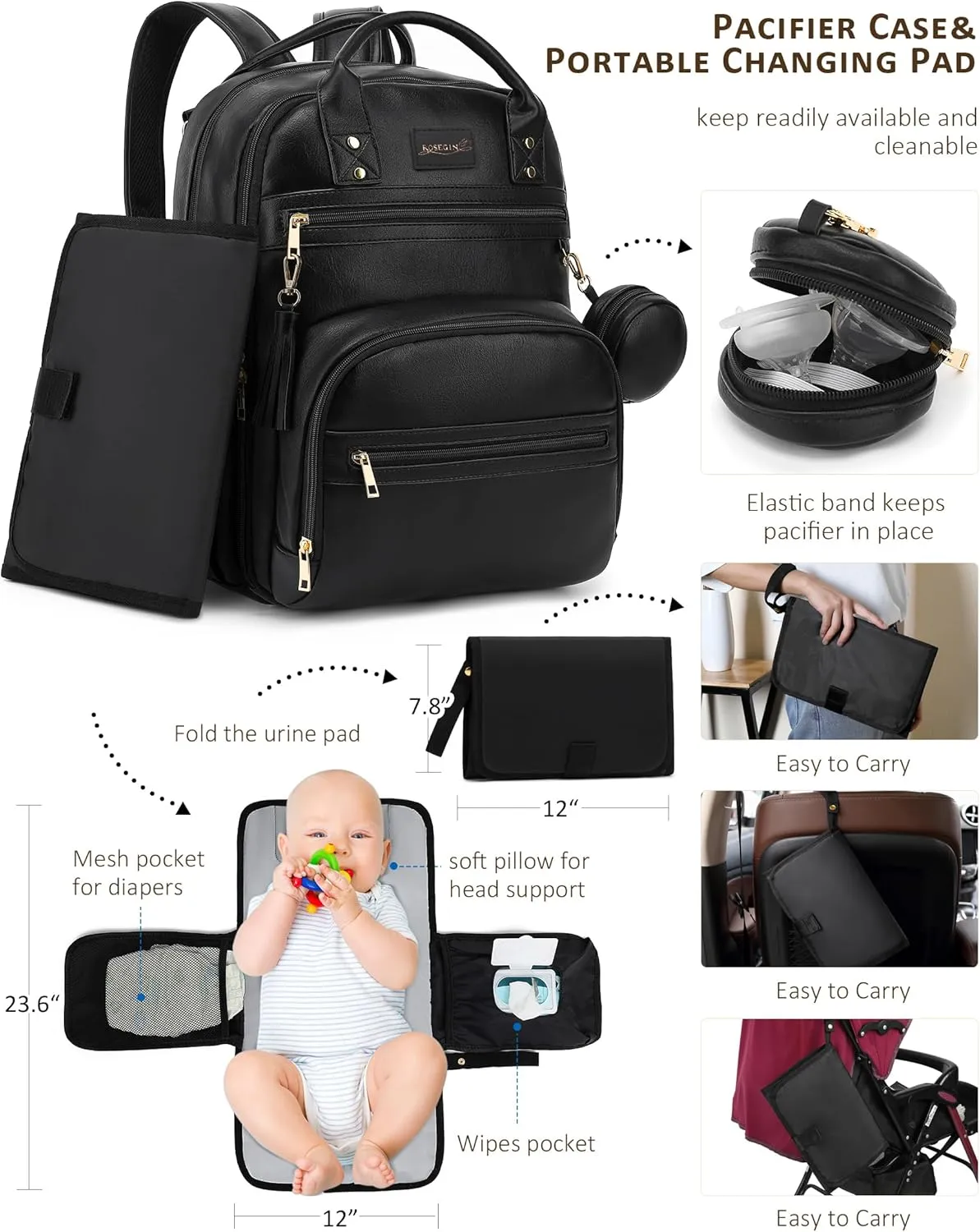 Premium Vegan Leather Diaper Bag Backpack with Waterproof Changing Pad, Reinforced Zippers & Odor-Free, 20 Pockets Pro Organizer, Fits 15.6" Laptop, Stroller Straps, Baby Bag for Mom, Black