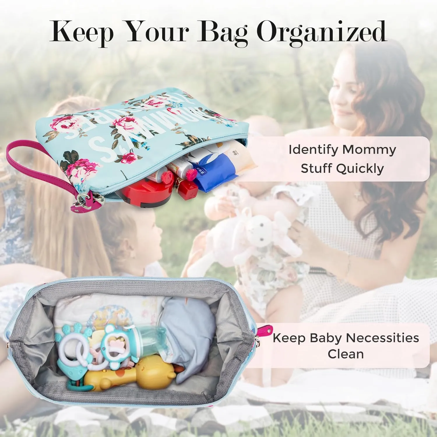 printe Mommy Diaper Bag Tote with 2 Organizers,Large Hospital Bag for Women Labor Delivery & Travel Baby Diaper Essentials Mom Weekender for Baby Care (Blue-Floral)