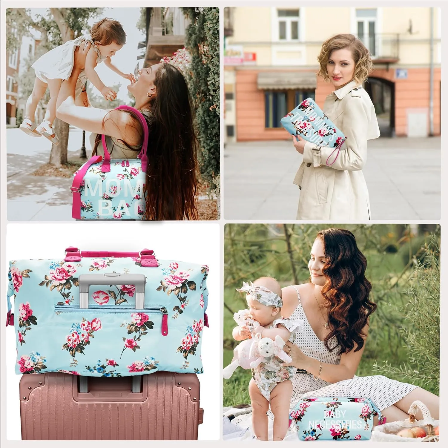 printe Mommy Diaper Bag Tote with 2 Organizers,Large Hospital Bag for Women Labor Delivery & Travel Baby Diaper Essentials Mom Weekender for Baby Care (Blue-Floral)