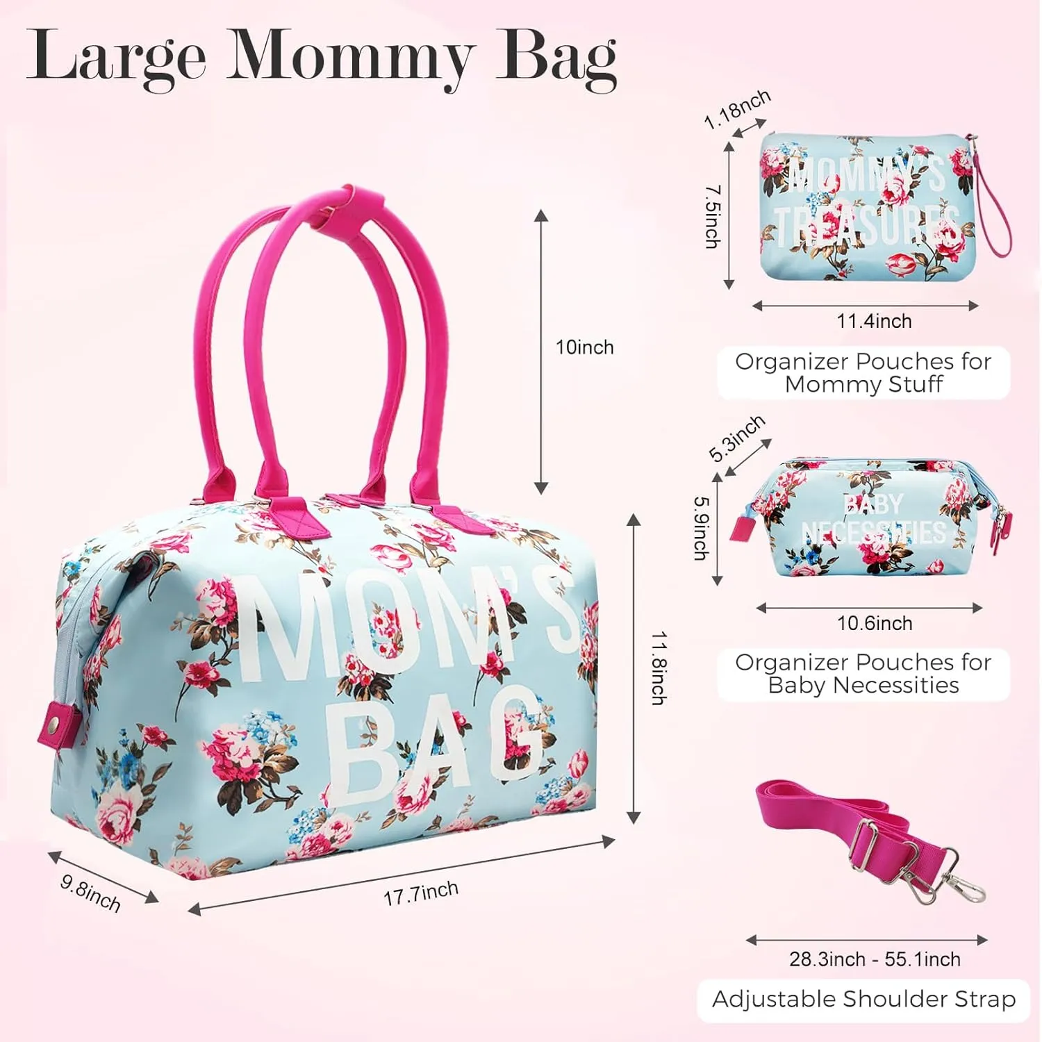 printe Mommy Diaper Bag Tote with 2 Organizers,Large Hospital Bag for Women Labor Delivery & Travel Baby Diaper Essentials Mom Weekender for Baby Care (Blue-Floral)