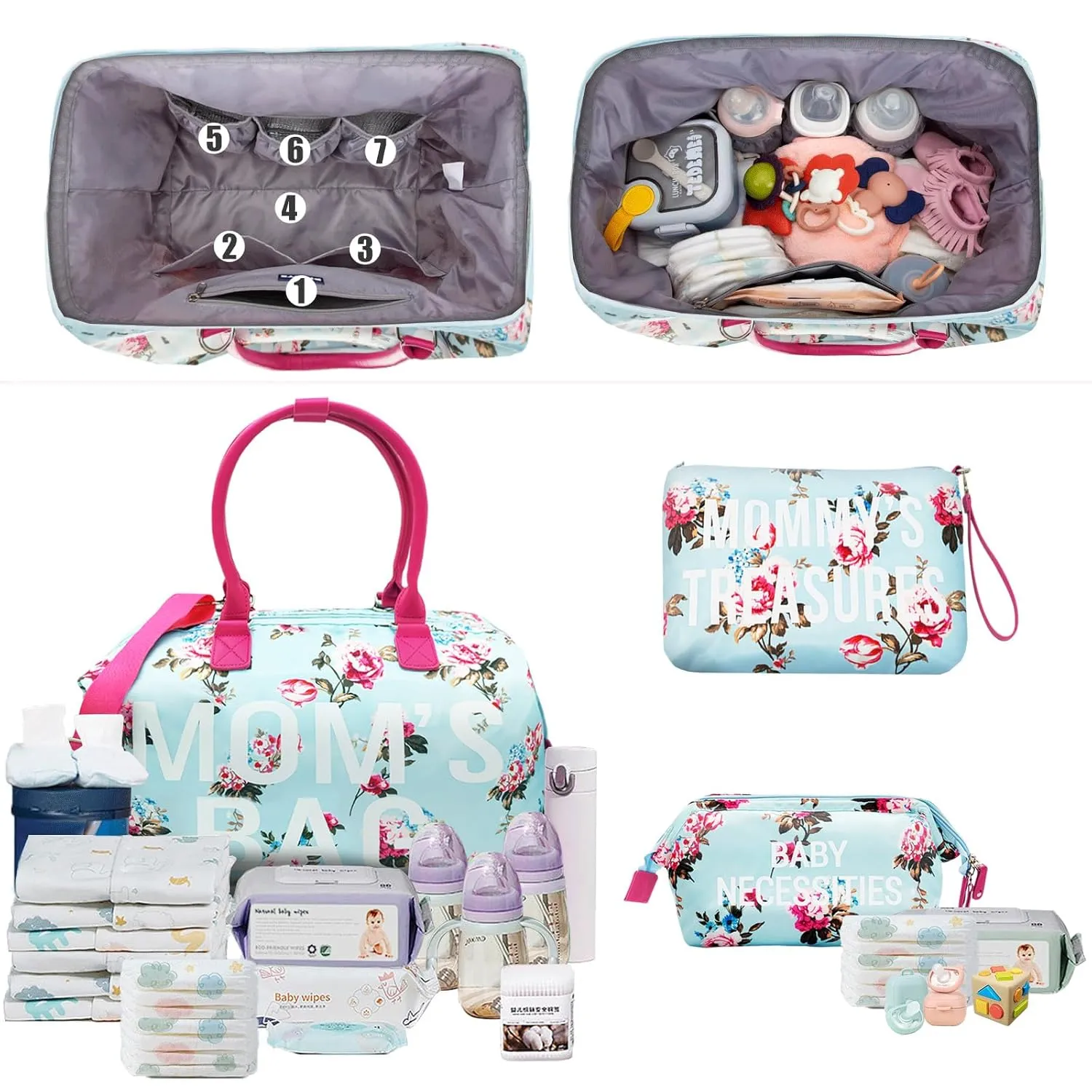 printe Mommy Diaper Bag Tote with 2 Organizers,Large Hospital Bag for Women Labor Delivery & Travel Baby Diaper Essentials Mom Weekender for Baby Care (Blue-Floral)