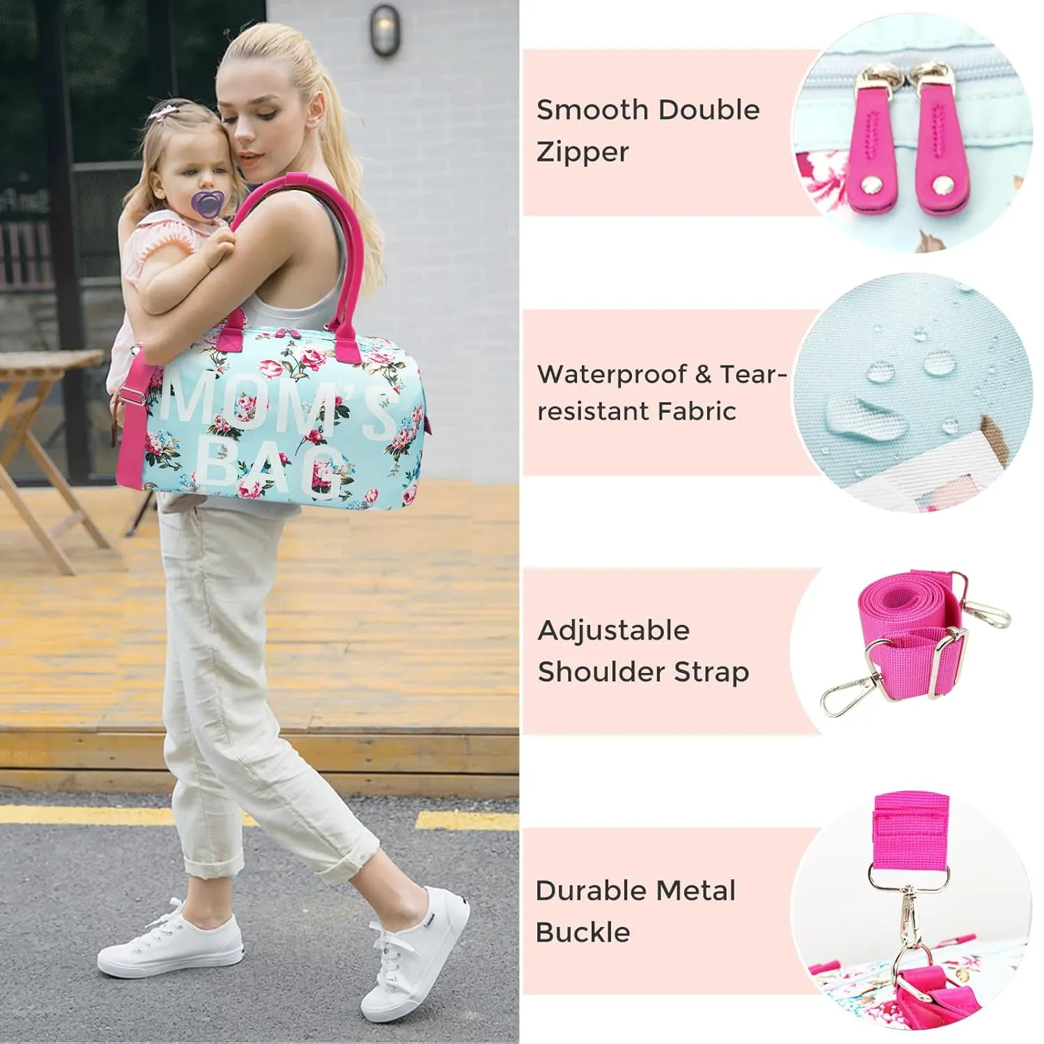 printe Mommy Diaper Bag Tote with 2 Organizers,Large Hospital Bag for Women Labor Delivery & Travel Baby Diaper Essentials Mom Weekender for Baby Care (Blue-Floral)