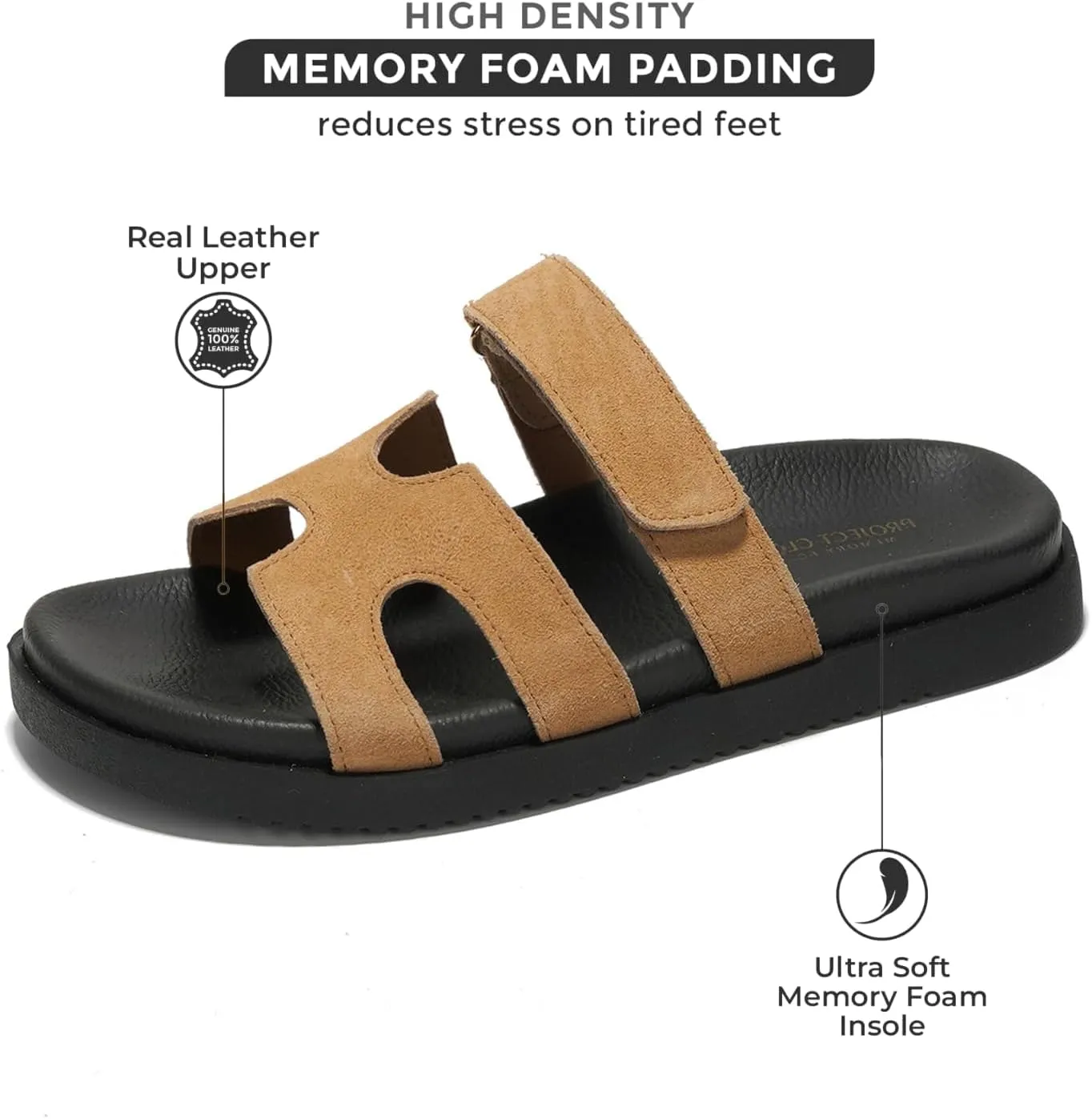 Project Cloud Genuine Leather Womens Sandals - Stylish & Comfy Sandals for Women Footwear with Memory Foam Insole - Slip-Resistant Slides for Women (Mayven)
