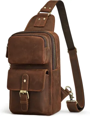 Prospo Sling Bag Men Women Vintage Genuine Leather Shoulder Backpack Chest Casual Daypack Crossbody Outdoor Thick Full Grain (Dark Brown)