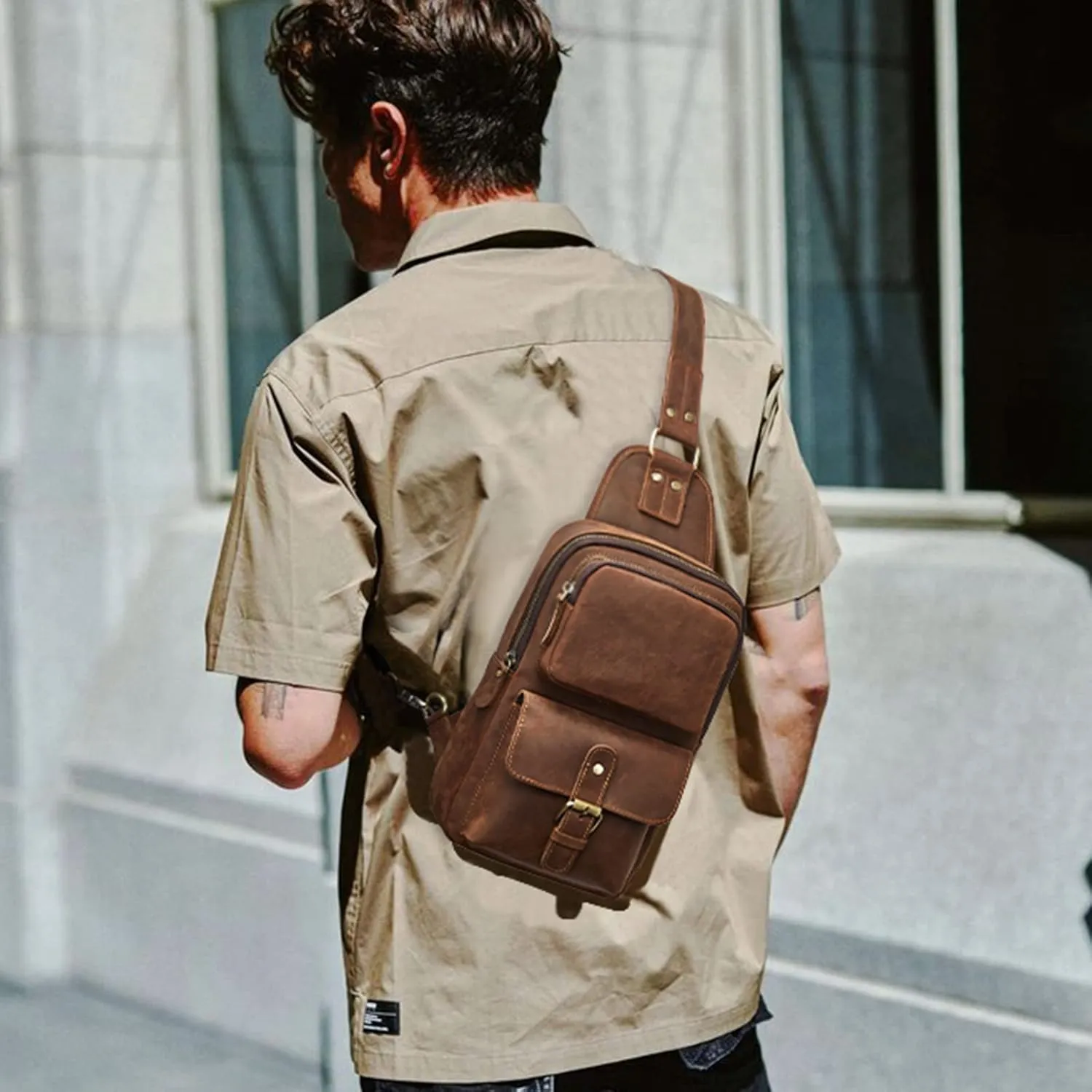 Prospo Sling Bag Men Women Vintage Genuine Leather Shoulder Backpack Chest Casual Daypack Crossbody Outdoor Thick Full Grain (Dark Brown)