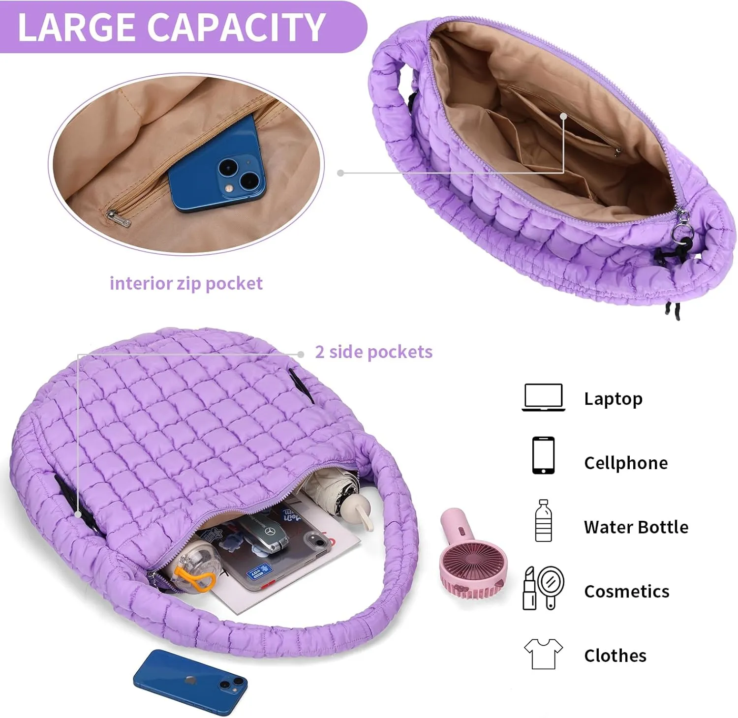 Puffer Tote Bag for Women Large Quilted Carryall Bag Soft Puffy Crossbody Lightweight Shoulder Handbags Work Travel