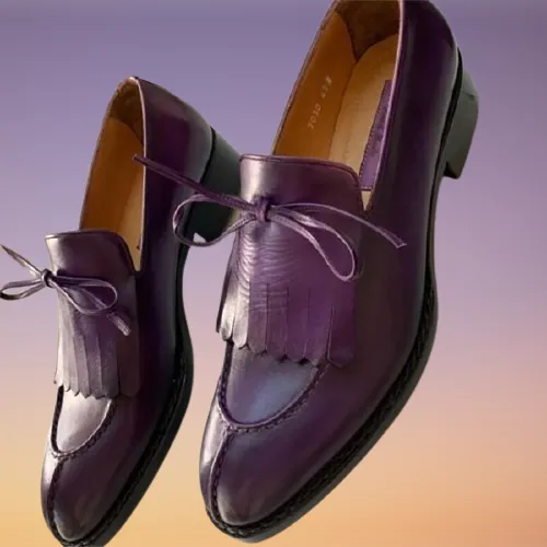 Purple Leather Handmade Casual Loafers with Fringes and Bow