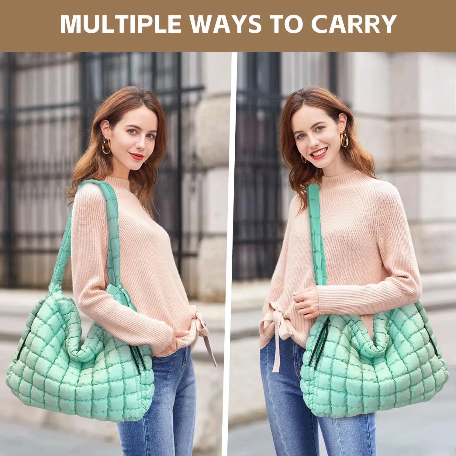 Quilted Tote Bag, Puffer Bag for Women, Large Puffy Shoulder Bag, Lightweight Checkered Purse, Soft Padded Hobo Bag