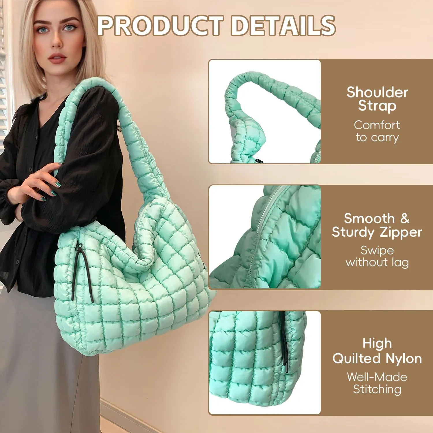 Quilted Tote Bag, Puffer Bag for Women, Large Puffy Shoulder Bag, Lightweight Checkered Purse, Soft Padded Hobo Bag