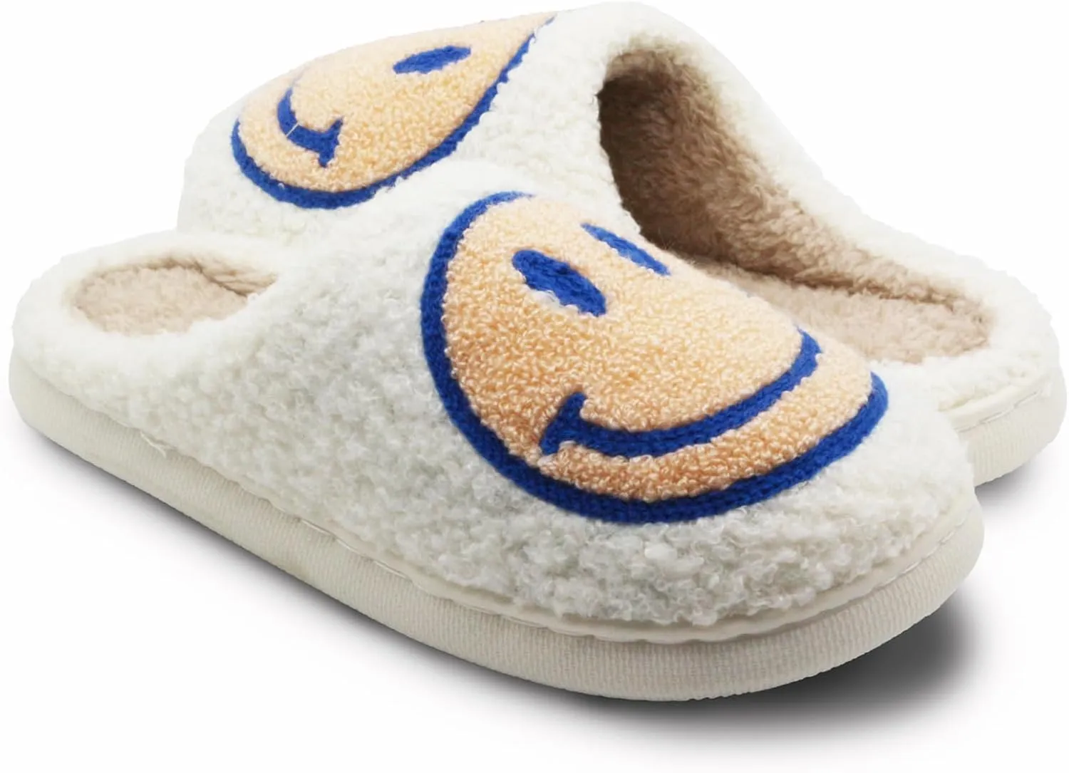 Retro Fuzzy Face Slippers for Women Men, Lightweight Slip-on Soft Fluffy Warm Couple Style Casual Cute Cozy Indoor Outdoor House Memory Foam Happy Face Slippers