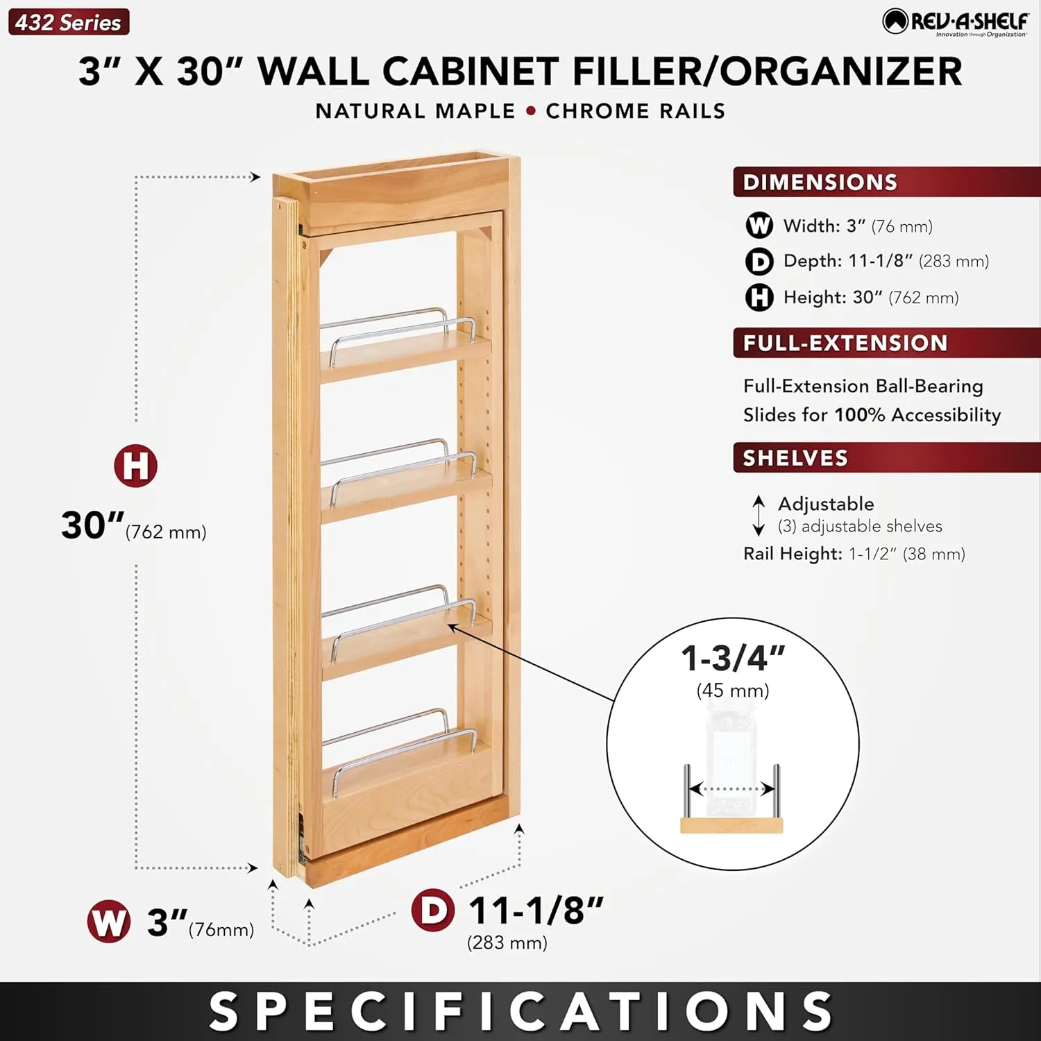 Rev-A-Shelf 3"W x 30"H Pullout Shelf Organizer for Between Wall Kitchen Cabinets, Filler Spice Rack & Seasoning Storage Holder, Maple Wood, 432-WF-3C