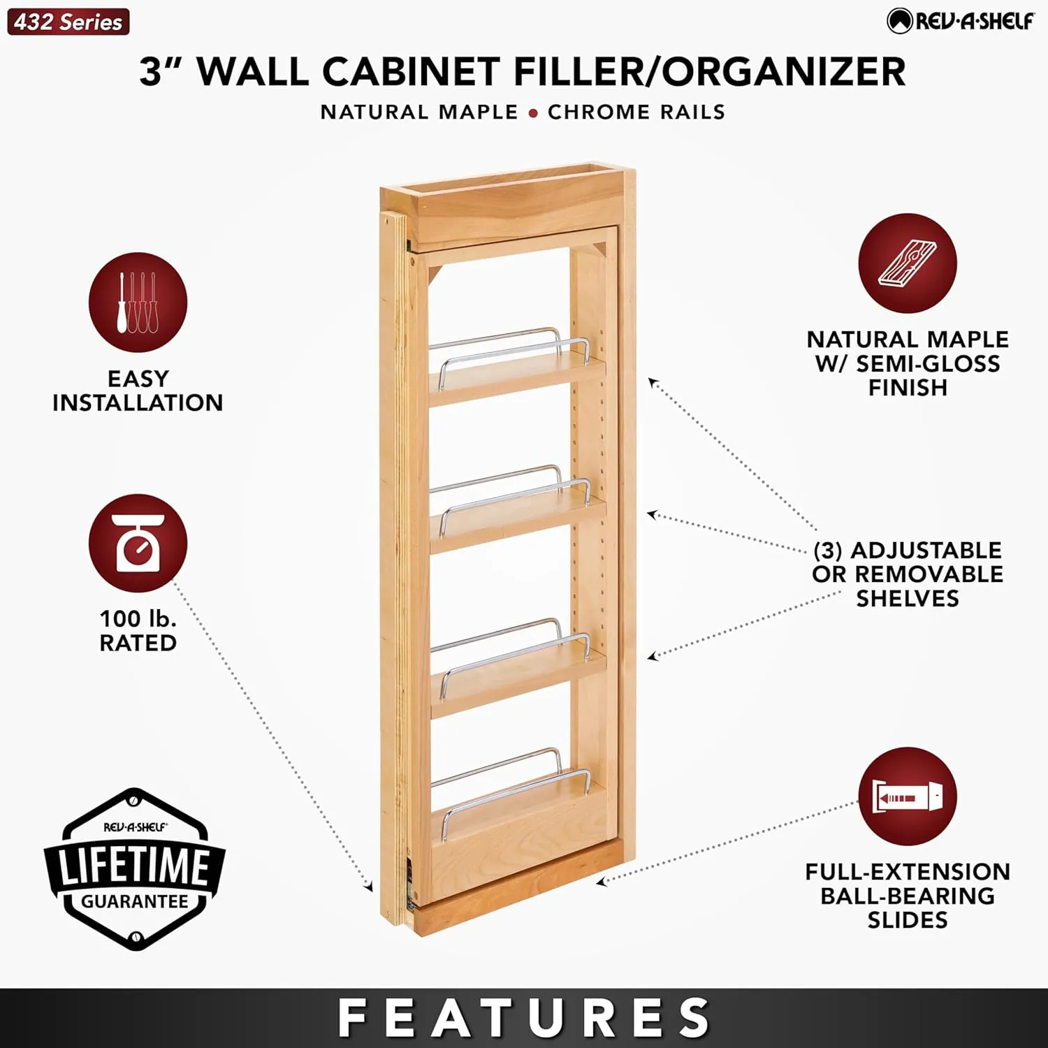 Rev-A-Shelf 3"W x 30"H Pullout Shelf Organizer for Between Wall Kitchen Cabinets, Filler Spice Rack & Seasoning Storage Holder, Maple Wood, 432-WF-3C