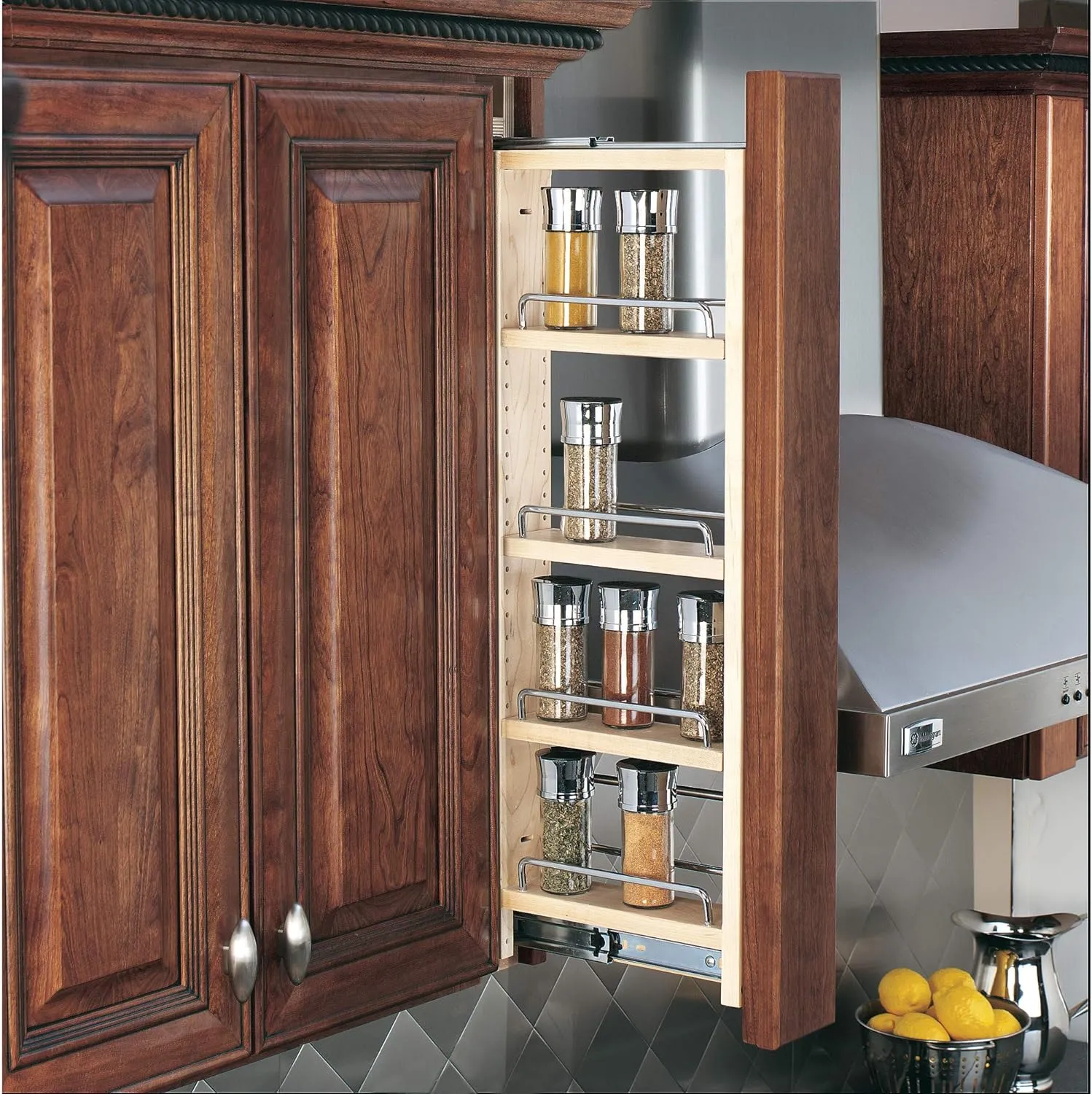 Rev-A-Shelf 3"W x 30"H Pullout Shelf Organizer for Between Wall Kitchen Cabinets, Filler Spice Rack & Seasoning Storage Holder, Maple Wood, 432-WF-3C