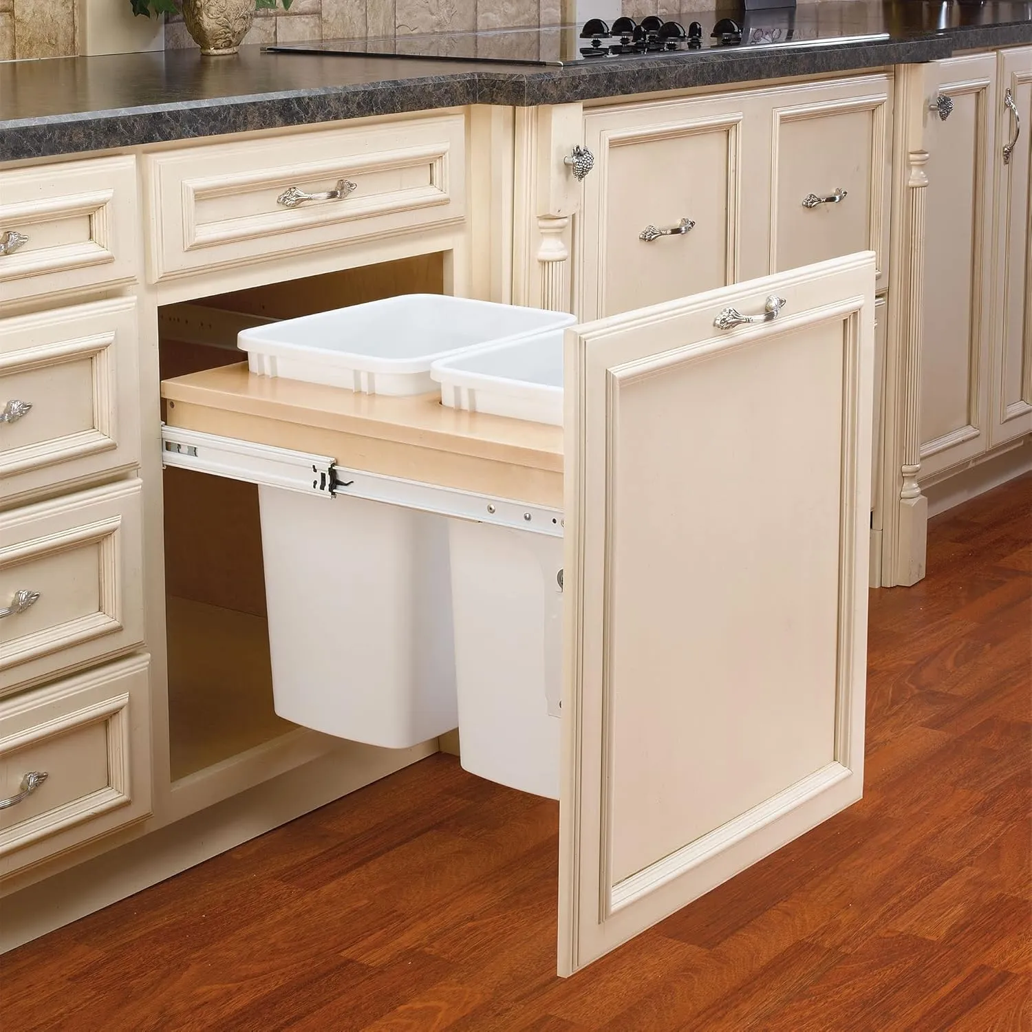 Rev-A-Shelf Double Pullout Trash Can for Base Kitchen/Bathroom Cabinets, 35 Qt Wood Top Mount Garbage Bin, 21" x 1.5" Face-Frame, White, 4WCTM-24DM2