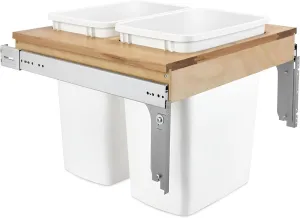 Rev-A-Shelf Double Pullout Trash Can for Base Kitchen/Bathroom Cabinets, 35 Qt Wood Top Mount Garbage Bin, 21" x 1.5" Face-Frame, White, 4WCTM-24DM2