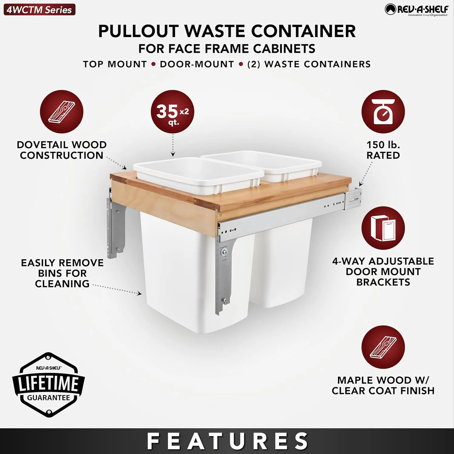 Rev-A-Shelf Double Pullout Trash Can for Base Kitchen/Bathroom Cabinets, 35 Qt Wood Top Mount Garbage Bin, 21" x 1.5" Face-Frame, White, 4WCTM-24DM2