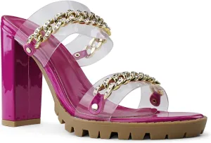 RF ROOM OF FASHION Women's Open Toe Jeweled Double Band Slide on Heeled Dress Sandals