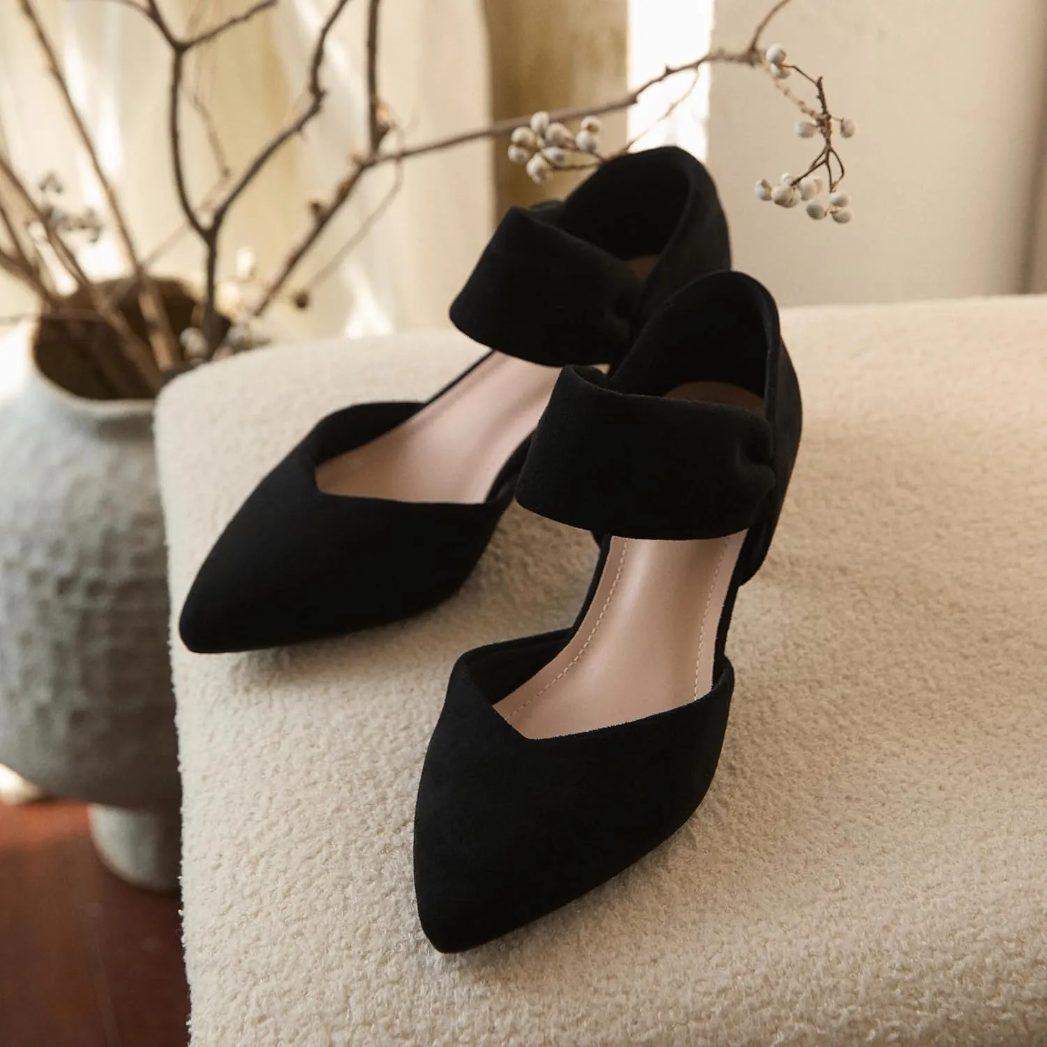 RIBONGZ Kitten Heels for Women Closed Toe Comfortable Low Heels Pointed Toe Sexy Slip on Pumps Bridal Party Dressy Shoes