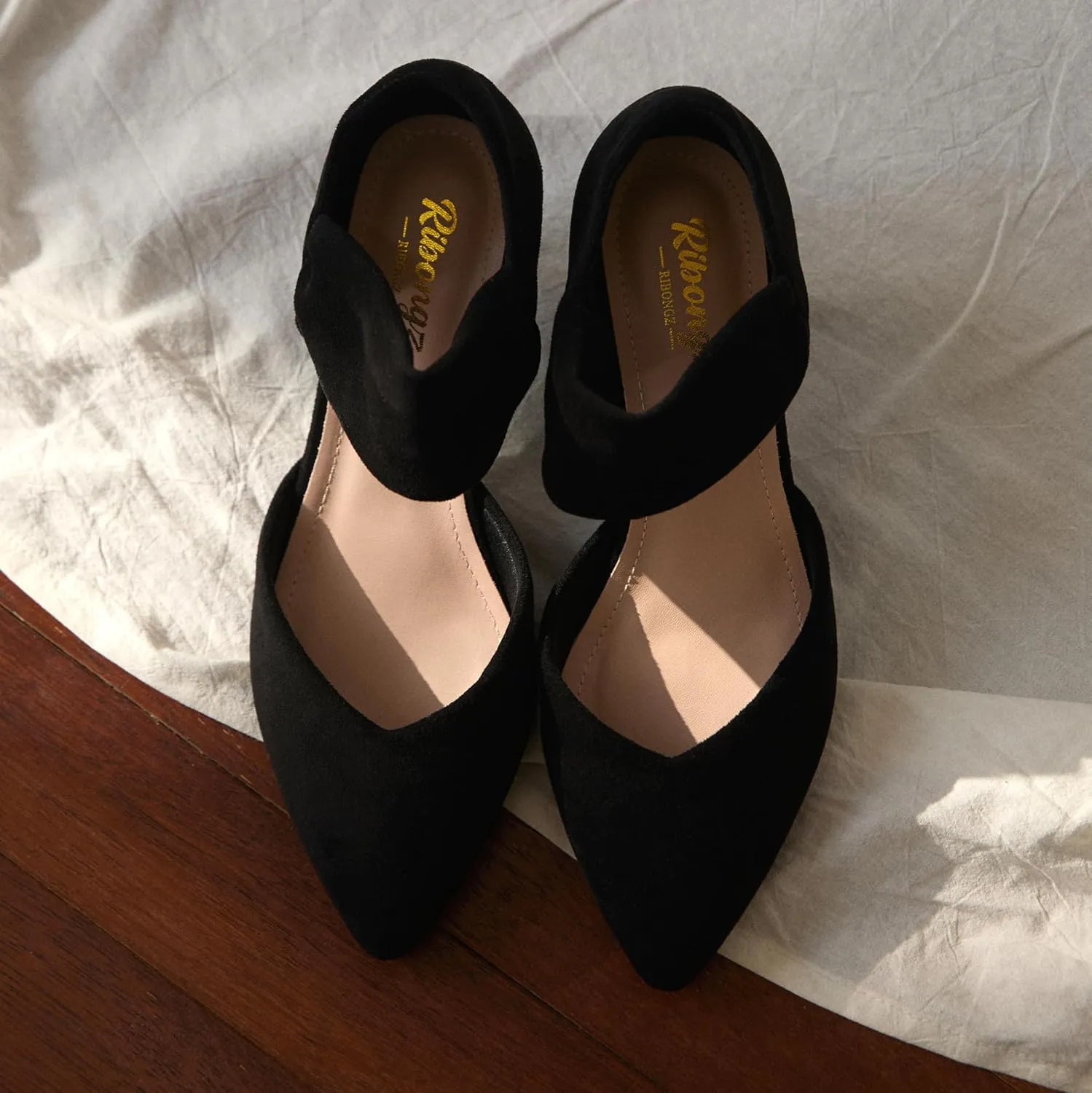 RIBONGZ Kitten Heels for Women Closed Toe Comfortable Low Heels Pointed Toe Sexy Slip on Pumps Bridal Party Dressy Shoes