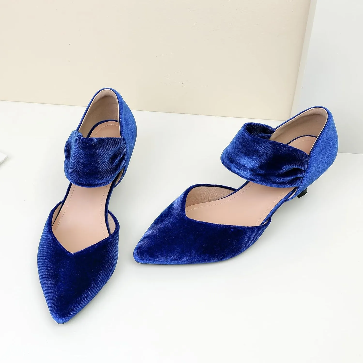 RIBONGZ Kitten Heels for Women Closed Toe Comfortable Low Heels Pointed Toe Sexy Slip on Pumps Bridal Party Dressy Shoes