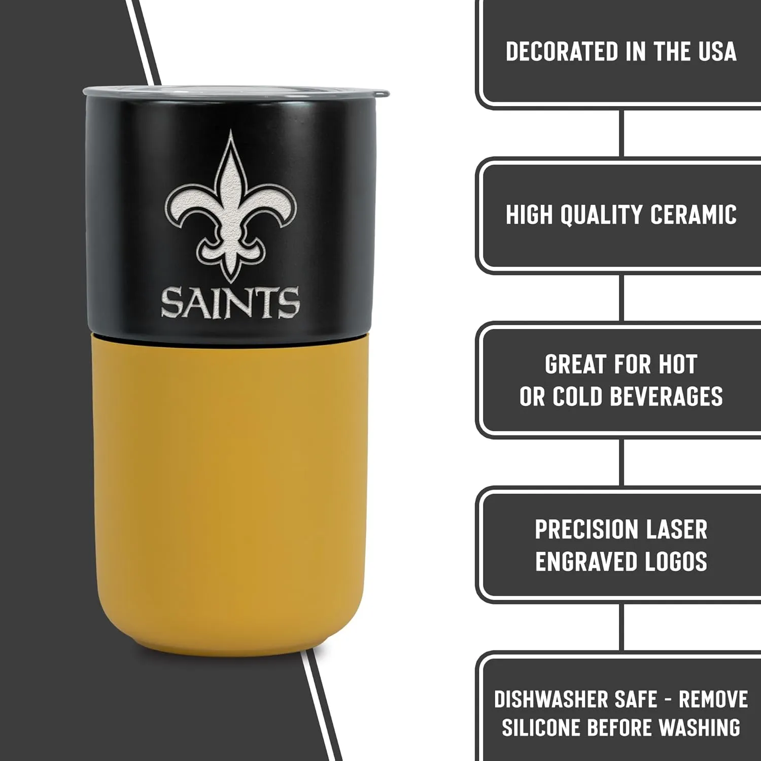 Rico Industries NFL Licensed 16 oz Ceramic Tumbler with Silicone Grip, Deep Laser Engraved Logo, Travel Coffee Mug With Slide Lid, Portable Cup For Office or Home Use, Matte Finish