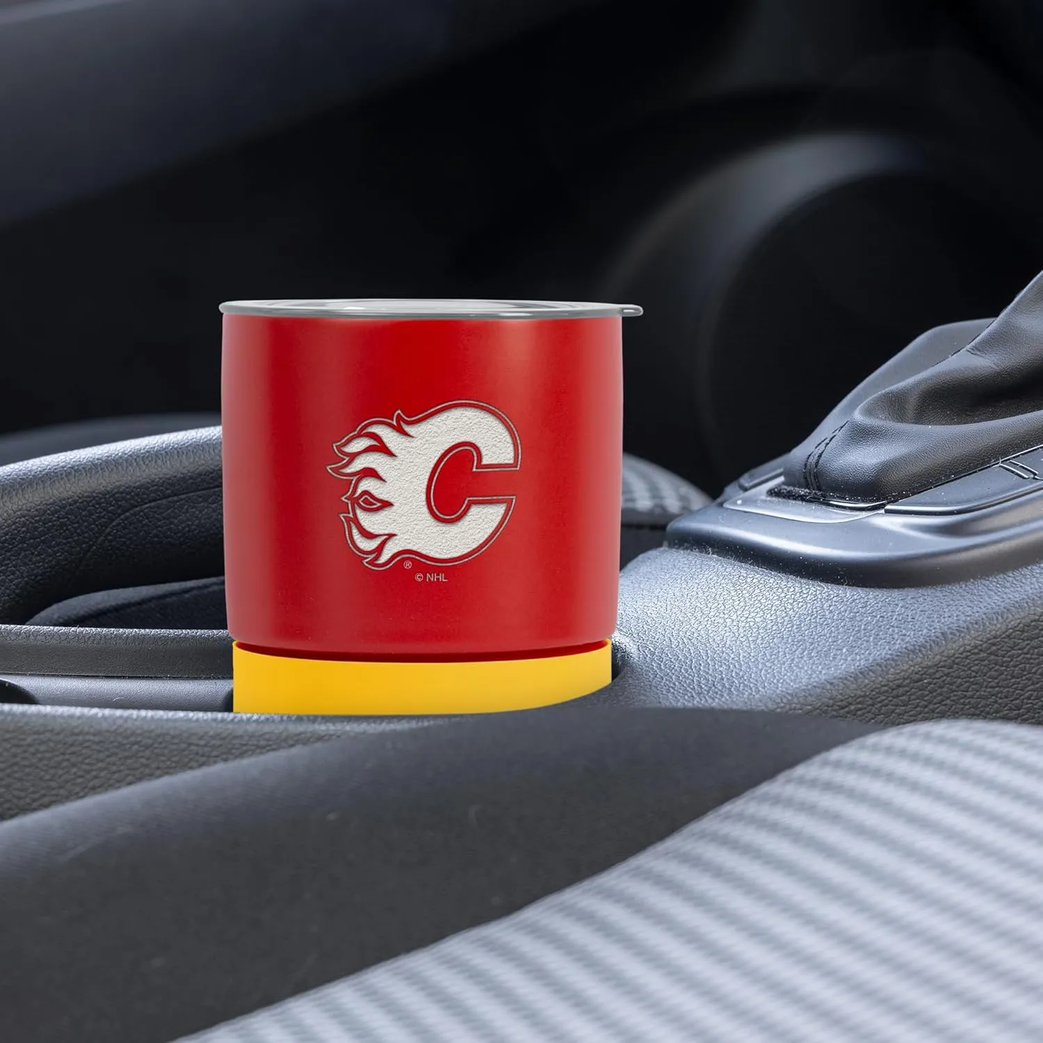 Rico Industries NHL Calgary Flames 16 oz Ceramic Tumbler with Silicone Grip, Deep Laser Engraved, Red and Yellow Colored Design with Slide Lid, Travel Coffee Mug, Matte Glaze