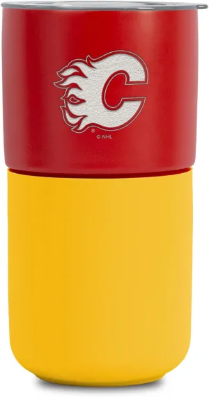 Rico Industries NHL Calgary Flames 16 oz Ceramic Tumbler with Silicone Grip, Deep Laser Engraved, Red and Yellow Colored Design with Slide Lid, Travel Coffee Mug, Matte Glaze