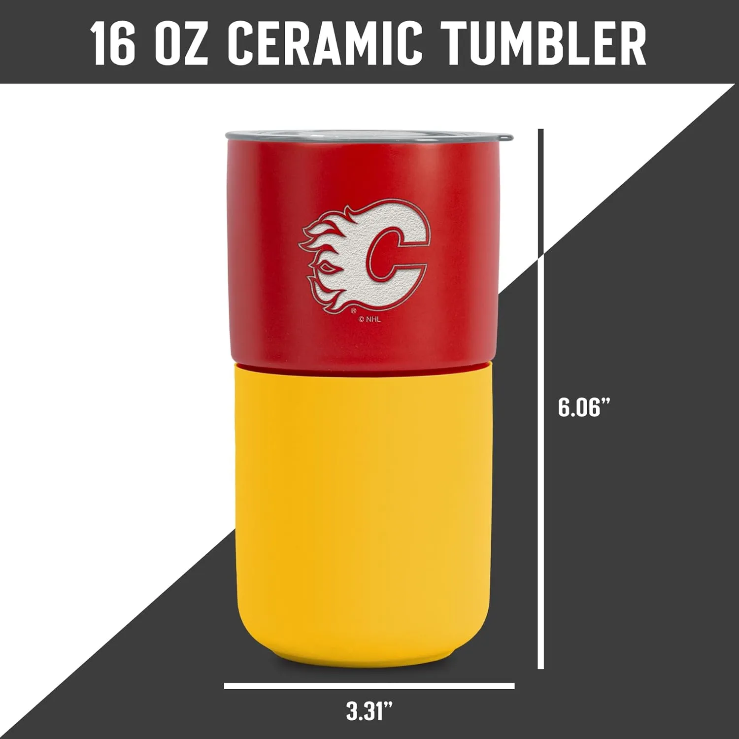 Rico Industries NHL Calgary Flames 16 oz Ceramic Tumbler with Silicone Grip, Deep Laser Engraved, Red and Yellow Colored Design with Slide Lid, Travel Coffee Mug, Matte Glaze