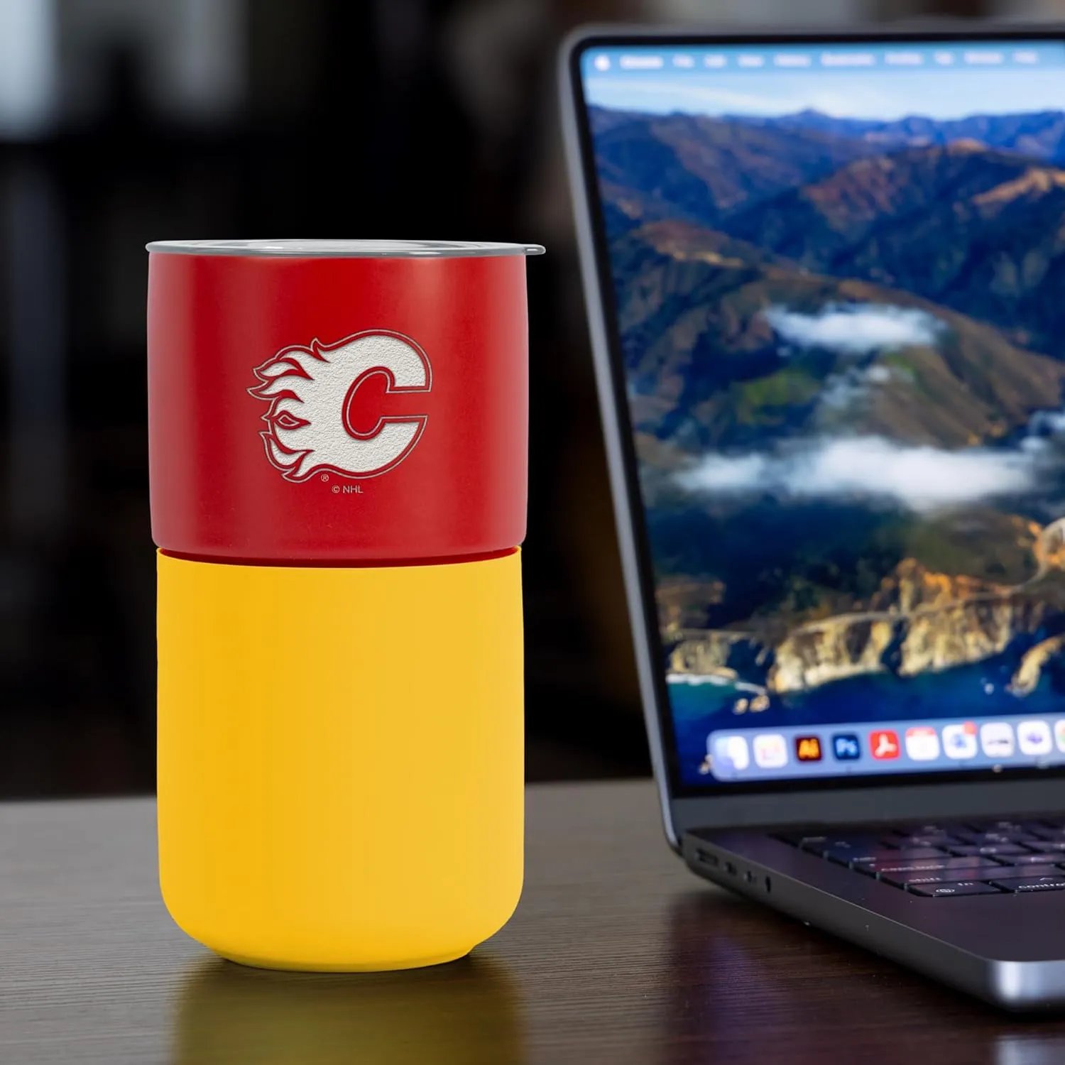 Rico Industries NHL Calgary Flames 16 oz Ceramic Tumbler with Silicone Grip, Deep Laser Engraved, Red and Yellow Colored Design with Slide Lid, Travel Coffee Mug, Matte Glaze