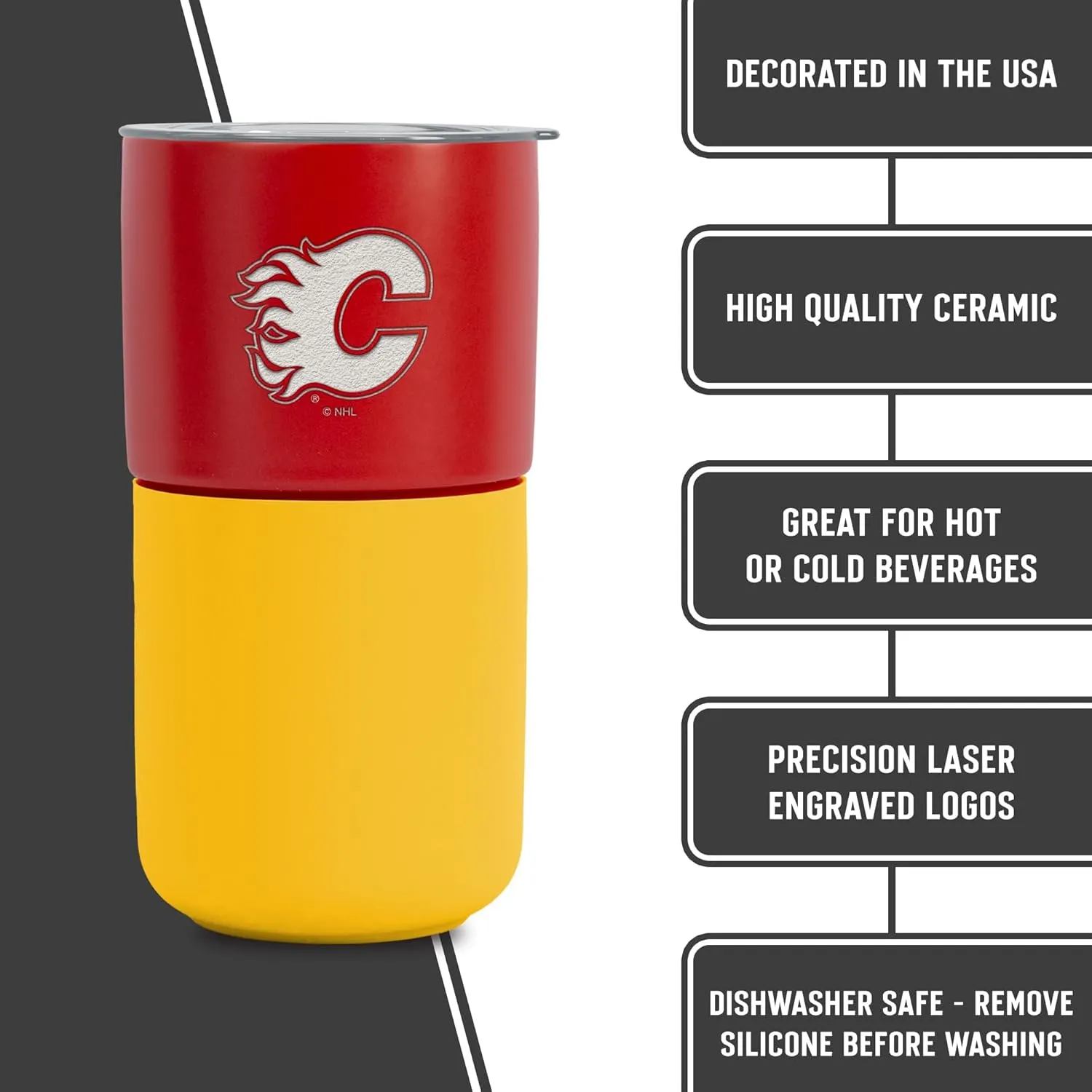 Rico Industries NHL Calgary Flames 16 oz Ceramic Tumbler with Silicone Grip, Deep Laser Engraved, Red and Yellow Colored Design with Slide Lid, Travel Coffee Mug, Matte Glaze