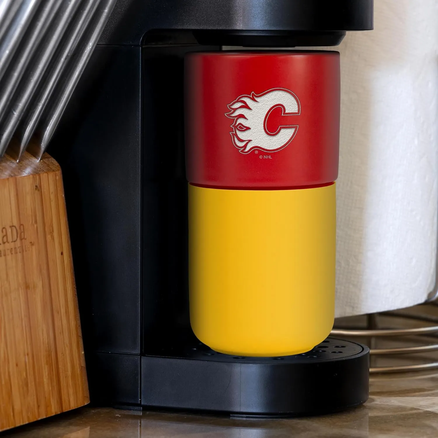 Rico Industries NHL Calgary Flames 16 oz Ceramic Tumbler with Silicone Grip, Deep Laser Engraved, Red and Yellow Colored Design with Slide Lid, Travel Coffee Mug, Matte Glaze