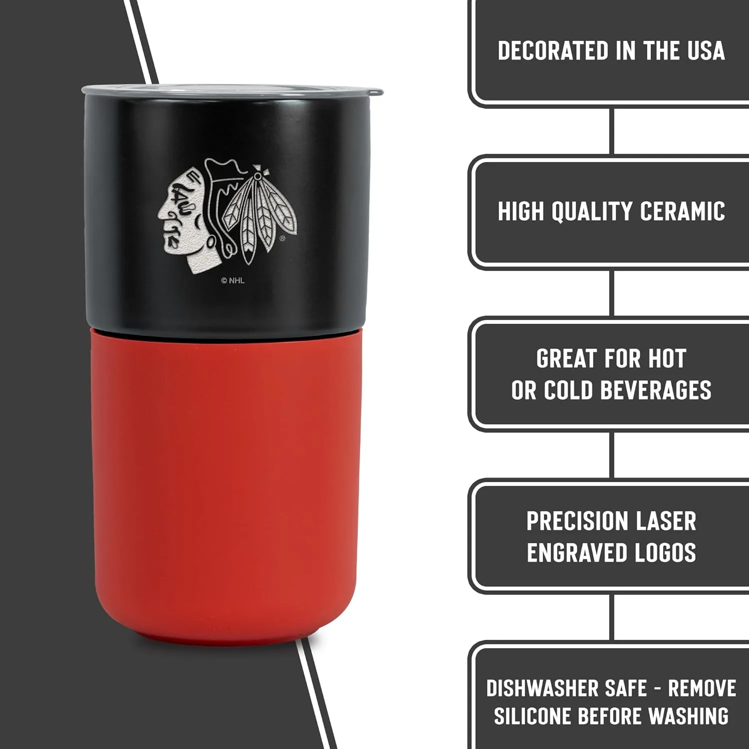 Rico Industries NHL Chicago Blackhawks 16 oz Ceramic Tumbler with Silicone Grip, Deep Laser Engraved, Black and Red Colored Design with Slide Lid, Travel Coffee Mug, Matte Glaze