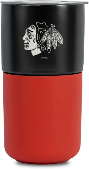 Rico Industries NHL Chicago Blackhawks 16 oz Ceramic Tumbler with Silicone Grip, Deep Laser Engraved, Black and Red Colored Design with Slide Lid, Travel Coffee Mug, Matte Glaze