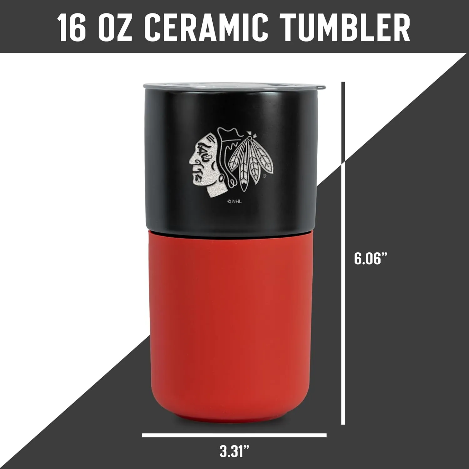 Rico Industries NHL Chicago Blackhawks 16 oz Ceramic Tumbler with Silicone Grip, Deep Laser Engraved, Black and Red Colored Design with Slide Lid, Travel Coffee Mug, Matte Glaze