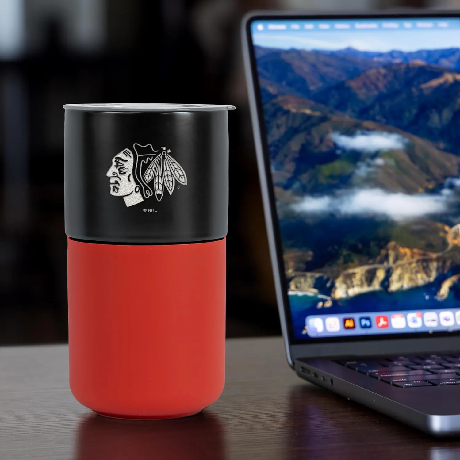 Rico Industries NHL Chicago Blackhawks 16 oz Ceramic Tumbler with Silicone Grip, Deep Laser Engraved, Black and Red Colored Design with Slide Lid, Travel Coffee Mug, Matte Glaze