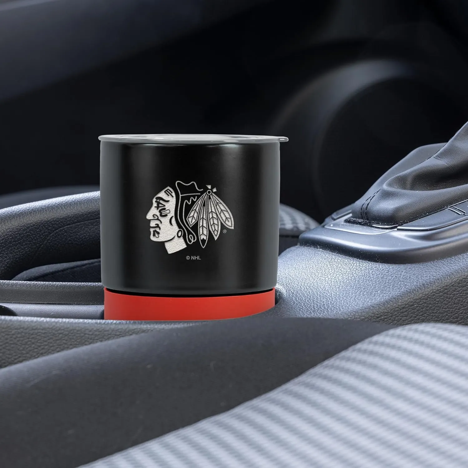 Rico Industries NHL Chicago Blackhawks 16 oz Ceramic Tumbler with Silicone Grip, Deep Laser Engraved, Black and Red Colored Design with Slide Lid, Travel Coffee Mug, Matte Glaze