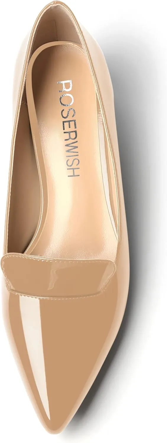 ROSERWISH Womens Slip On Patent Pointed Toe Casual Fashion Work Chunky Low Heel Pumps Shoes 1.5 Inch