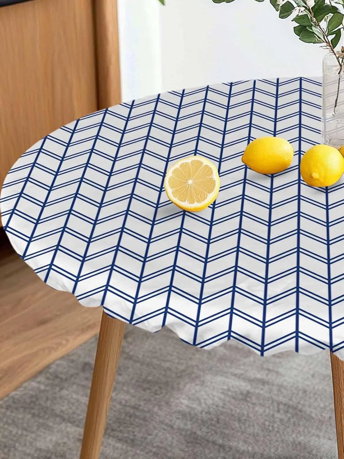 Round Fitted Tablecloth Abstract Herringbone Stripes Waterproof Table Cover for Indoor Outdoor Holiday Party Modern Navy Blue White Zigzag Elastic Edged Tablecloths Fit Up 45"-54" Tables