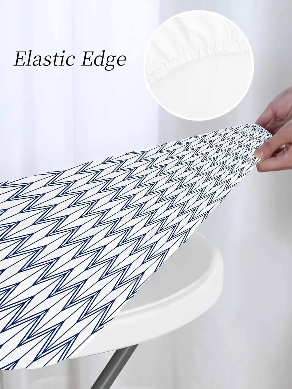 Round Fitted Tablecloth Abstract Herringbone Stripes Waterproof Table Cover for Indoor Outdoor Holiday Party Modern Navy Blue White Zigzag Elastic Edged Tablecloths Fit Up 45"-54" Tables